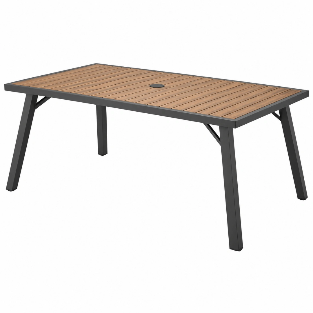 Mesa de jardín 160 x 90 x 75 cm de madera y metal marrón y negro con orificio para sombrilla
