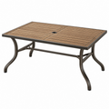 Mesa de exterior 150 x 90 x 74 cm de metal marrón con tablero de lamas y orificio para sombrilla