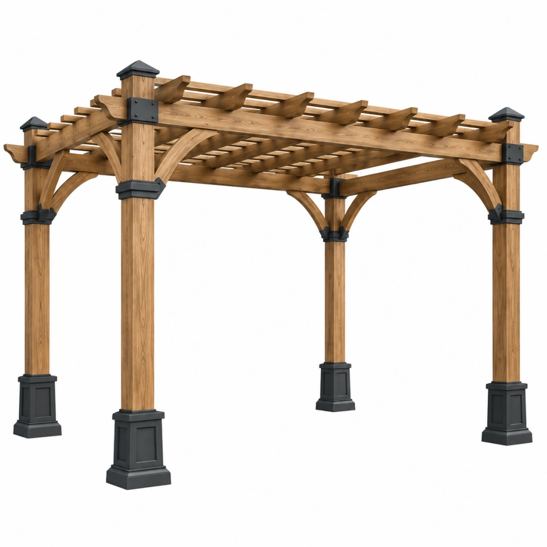 Pérgola 360 x 360 x 270 cm de madera marrón para jardín con estructura abierta