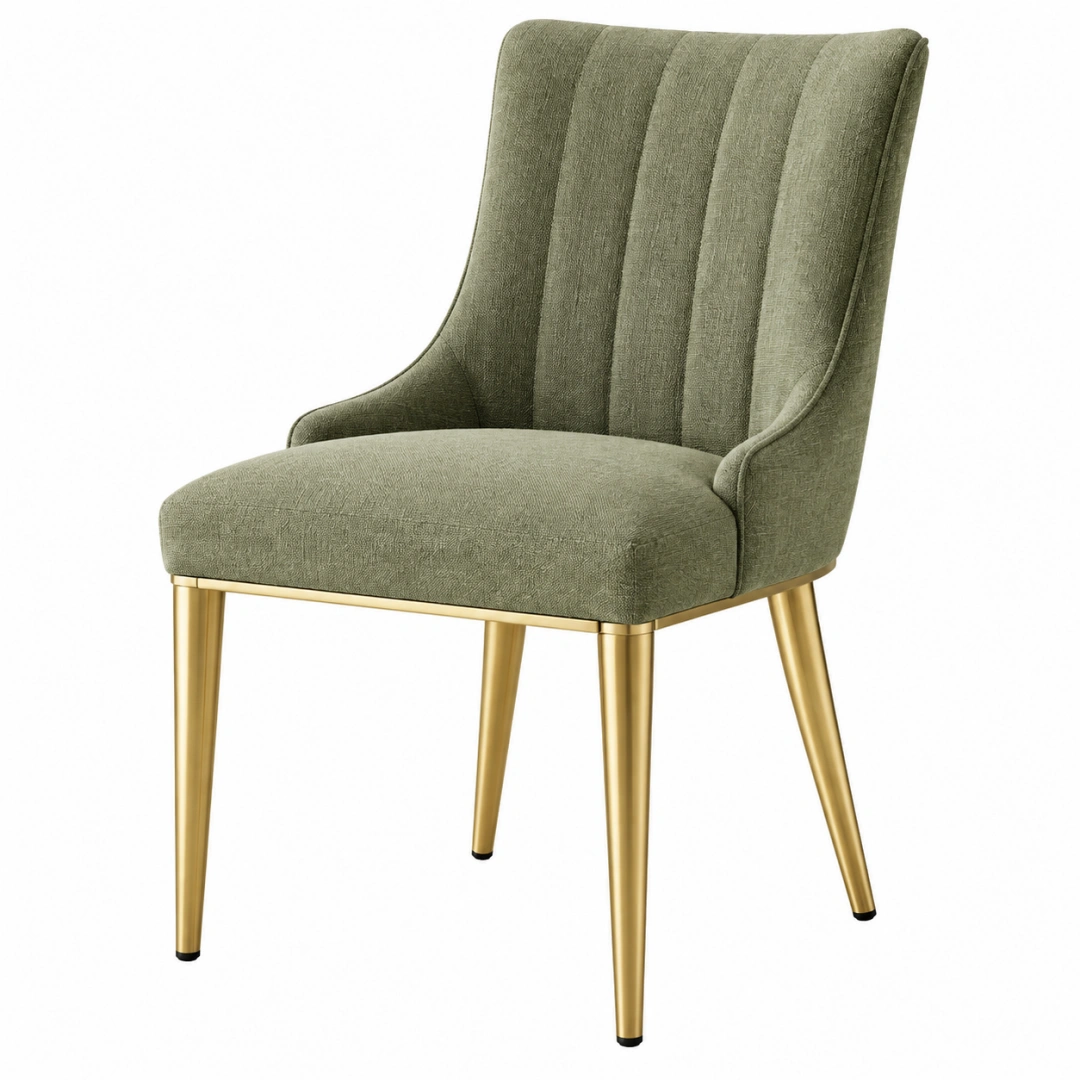 Silla de comedor 58 x 62 x 90 cm tapizada verde oliva con patas metálicas doradas estilo moderno