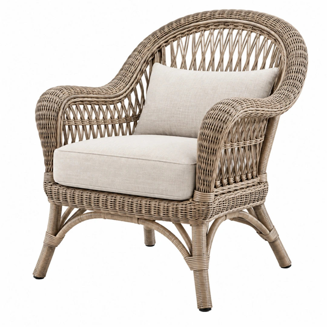 Sillón 80 x 85 x 105 cm de ratán beige con asiento tapizado estilo natural