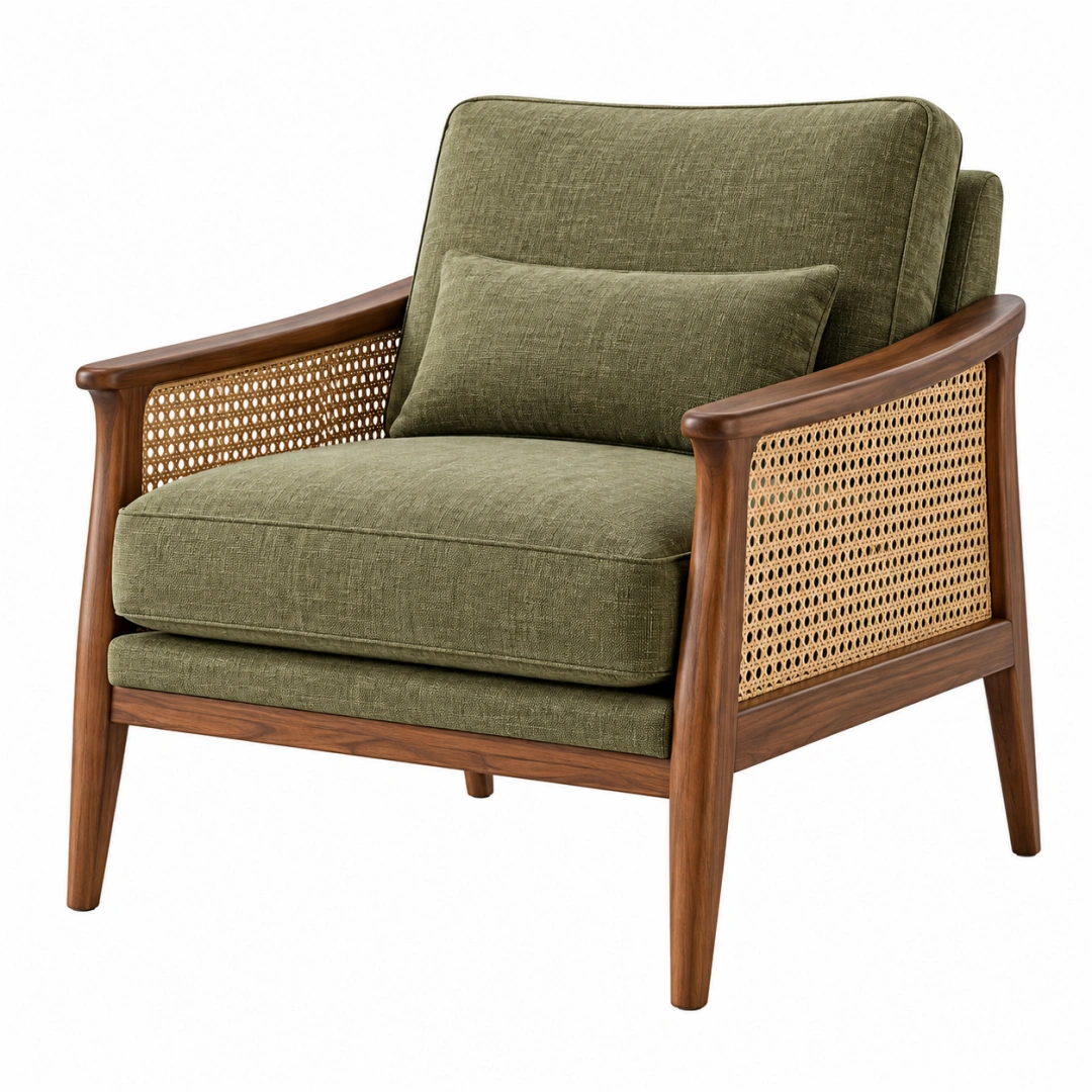 Sillón 75 x 85 x 85 cm de madera y ratán verde estilo natural para salón