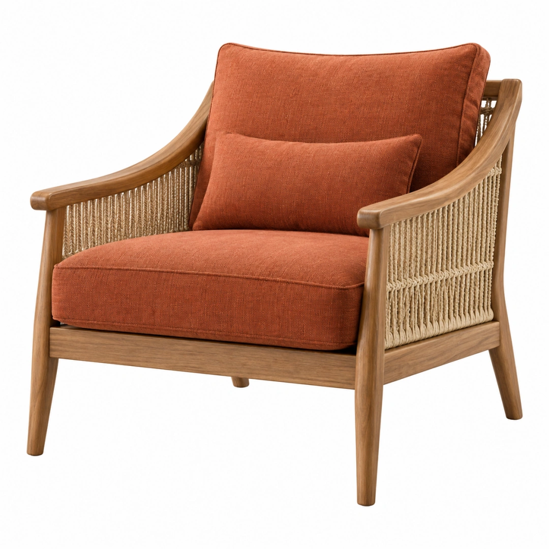 Sillón 76 x 82 x 86 cm de madera y cuerda beige con asiento tapizado terracota de estilo natural