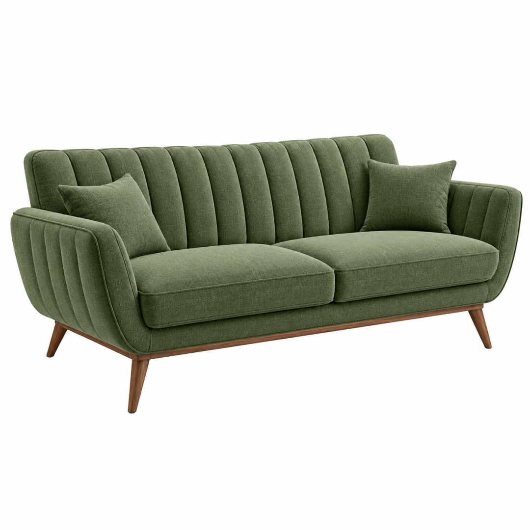 Sofá de 2 plazas 180 cm tapizado verde con patas de madera estilo retro