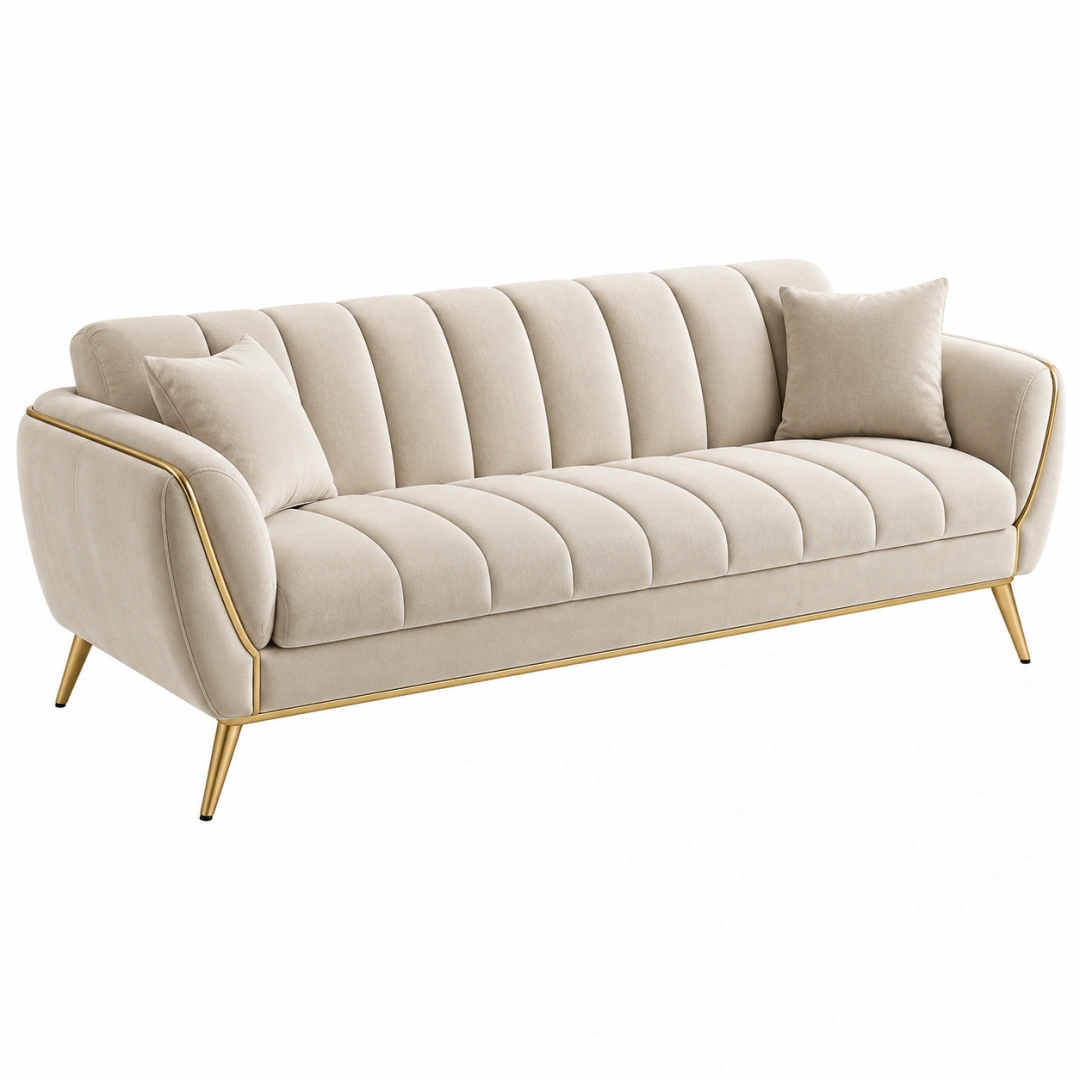 Sofá de tres plazas 210 cm tapizado beige con patas metálicas doradas estilo moderno