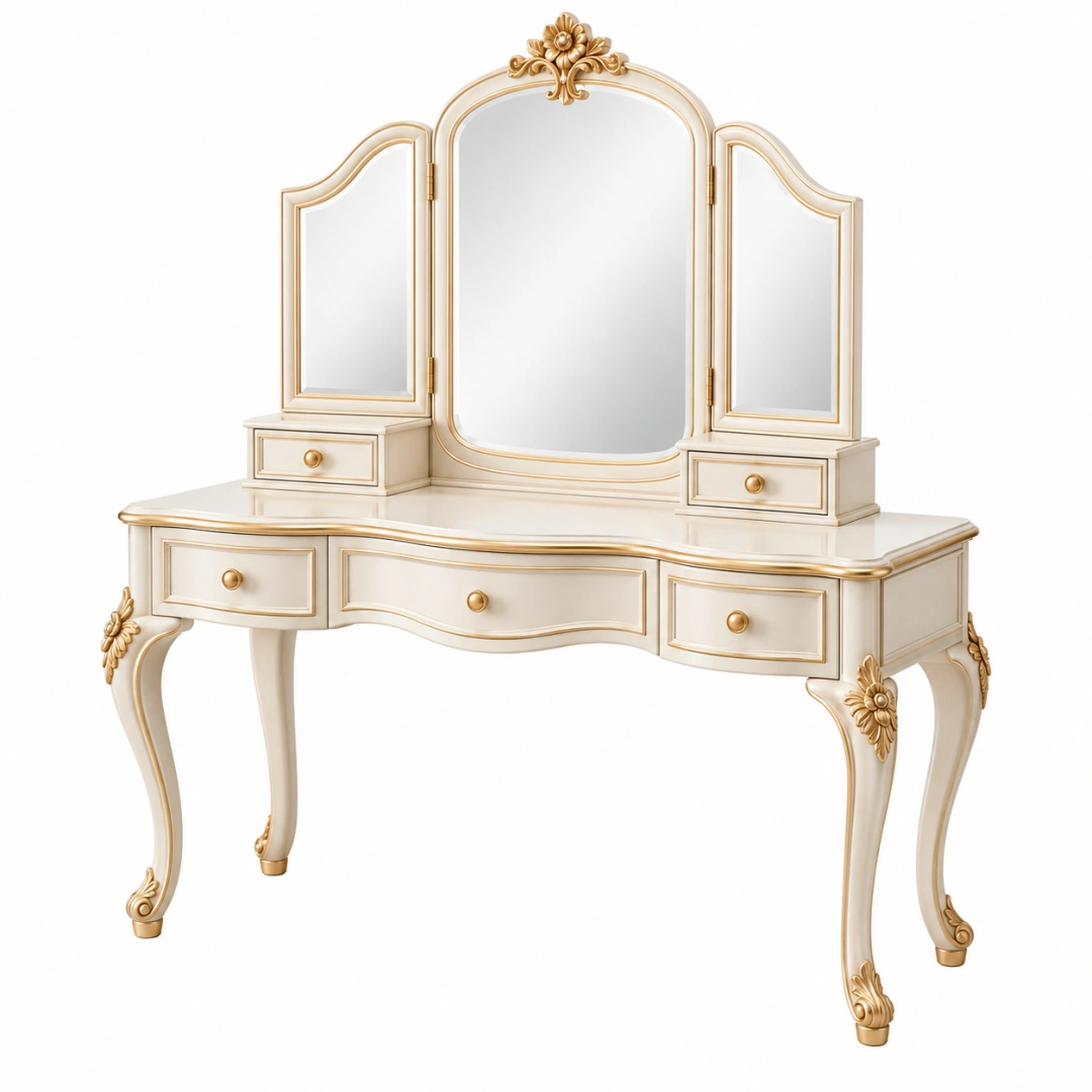 Tocador 120 x 45 x 160 cm de madera y vidrio blanco y dorado con espejo tríptico estilo clásico