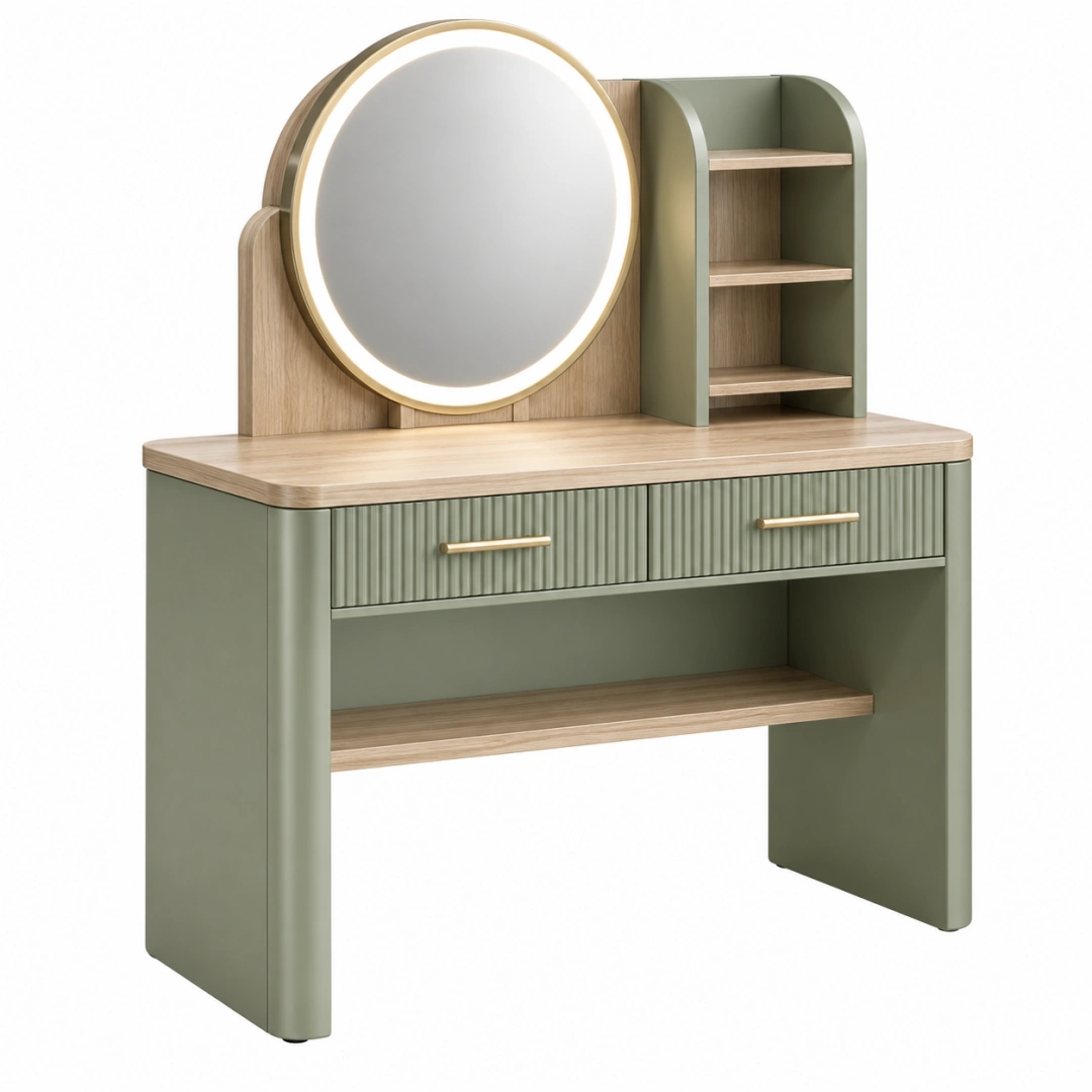 Tocador con espejo LED 100 x 45 x 140 cm en madera verde y natural con cajones y estantes