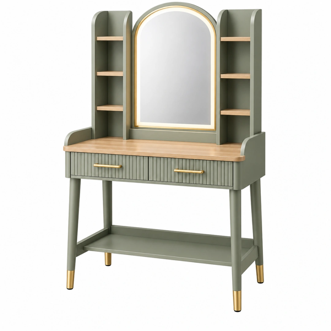 Tocador 100 x 45 x 170 cm de madera verde grisáceo con espejo y estantes estilo retro